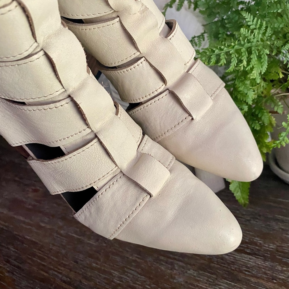 Freebird by Steven Cream Strappy Pointed-Toe Heeled Boots